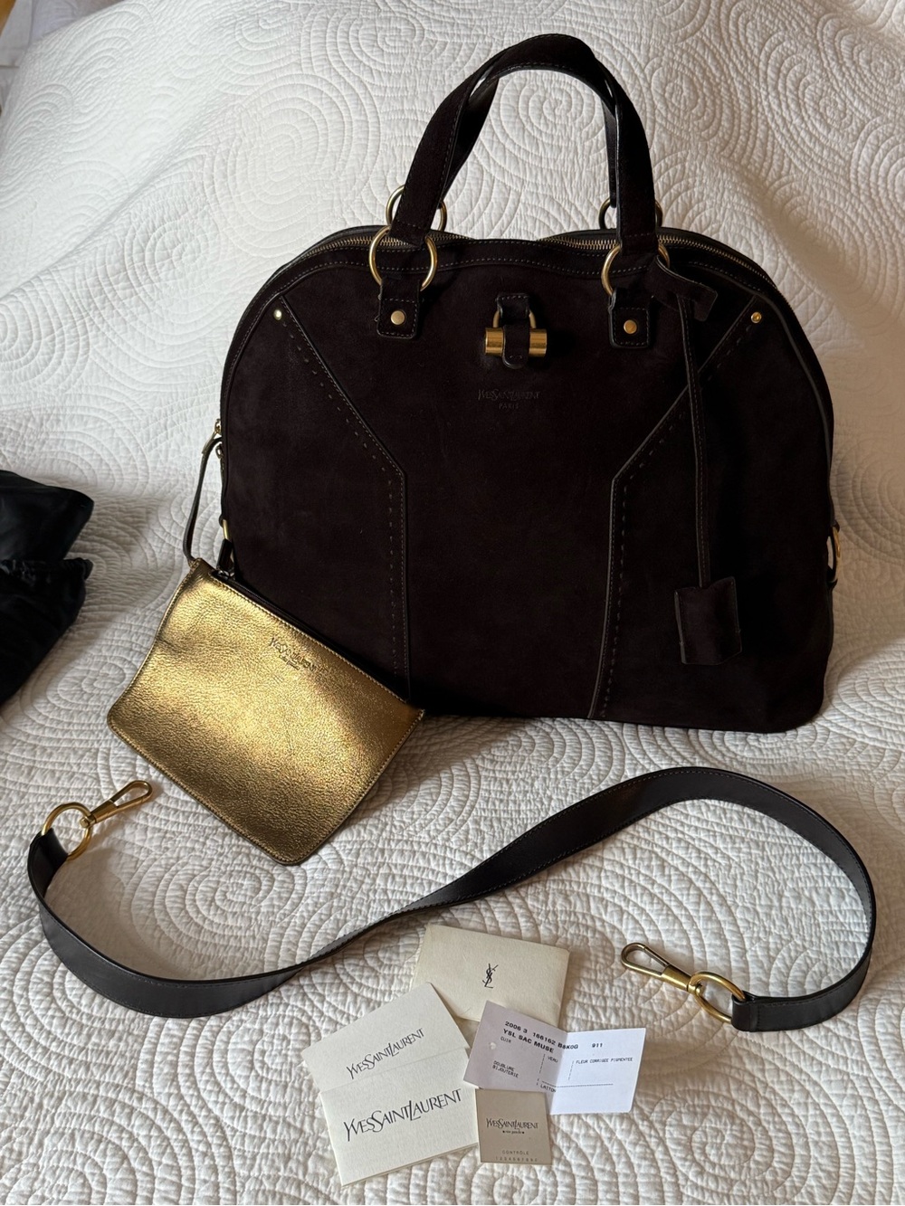YSL Oversized Muse Weekender Brown Suede w Metallic Bronze Interior & Pouch